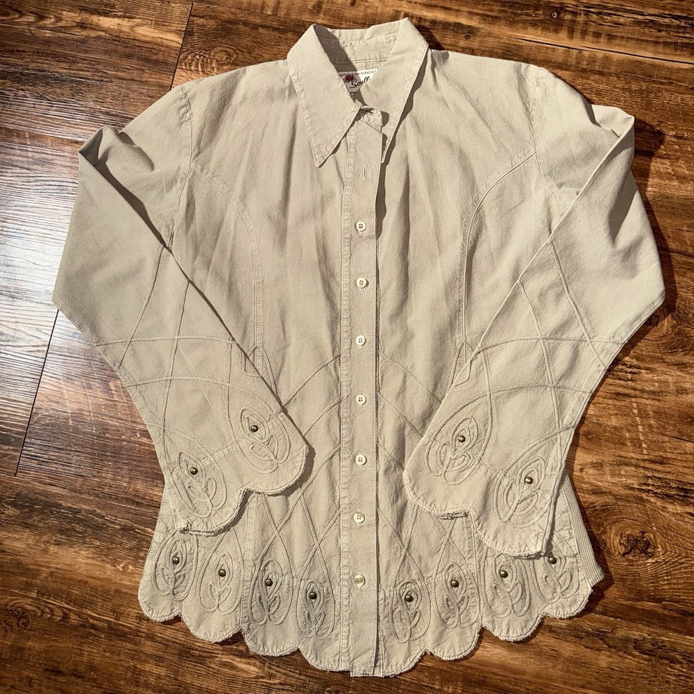 Scully Vintage Taupe Western Button Down Scalloped Bell Sleeves Shirt Medium
